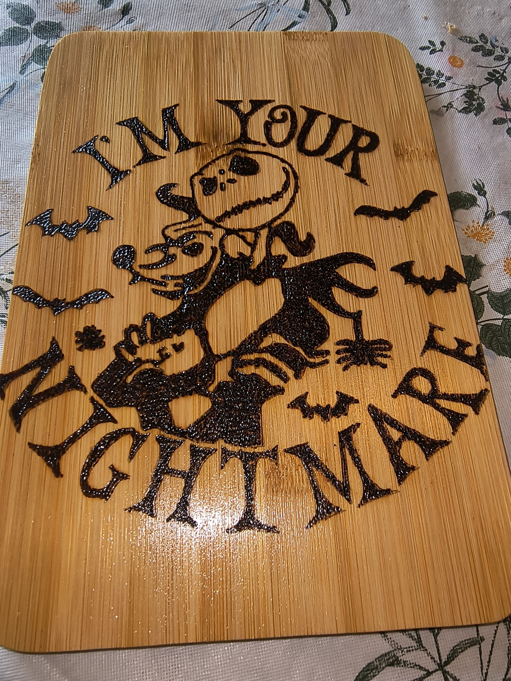 Hand Crafted Bamboo Serving Board with Black Halloween Graphic